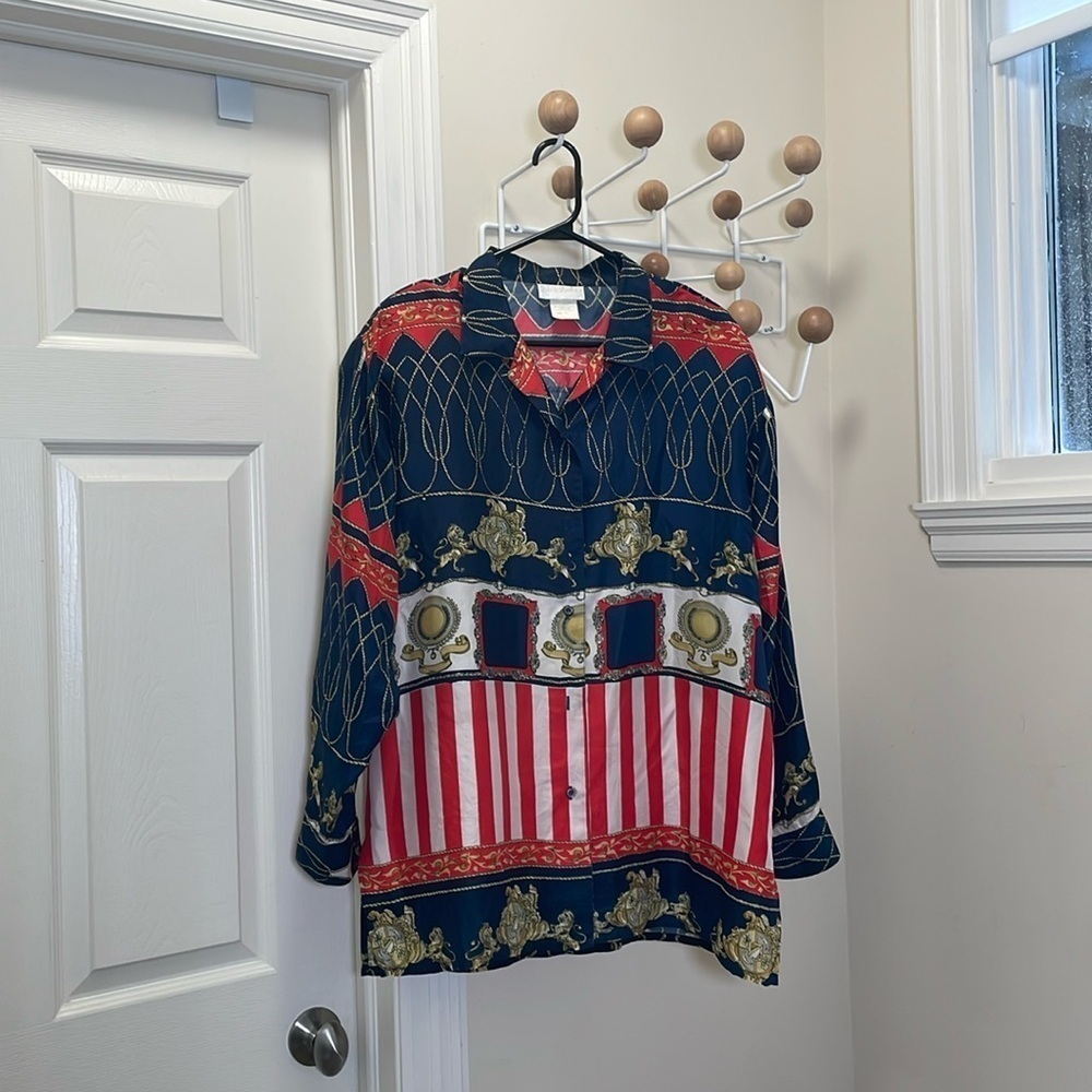 Roberto P - Vintage 80/90 Long Sleeve Silk Top - Blue/Red - XL